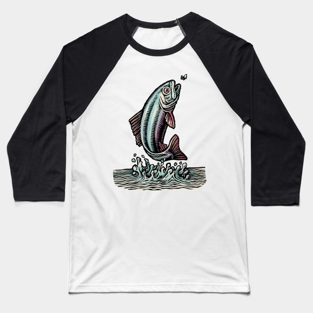 Jumping Trout Baseball T-Shirt by Lisa Haney